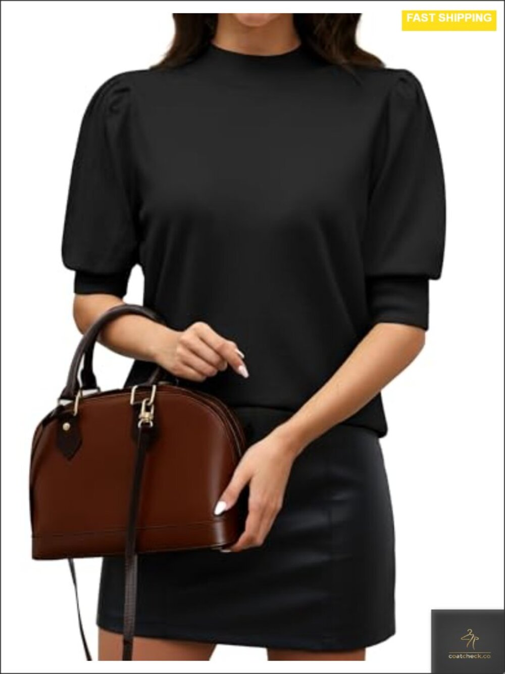 Women's Puff Short Sleeve Ribbed Knit Crew Neck Pullover Sweater Top
